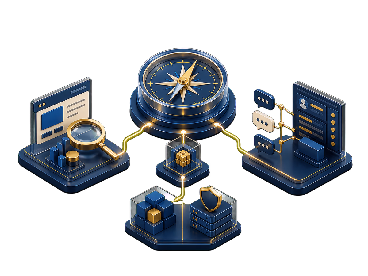 Mapa ilustrado de presença digital, receita conectada e software sob medida.