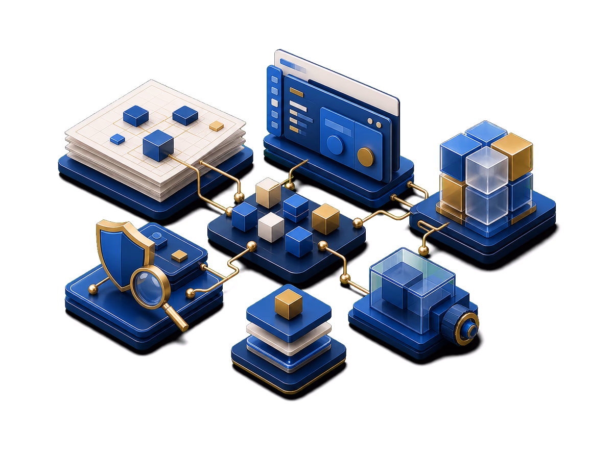 Arquitetura ilustrada que conecta requisitos, aplicação, dados, testes e entrega de software.